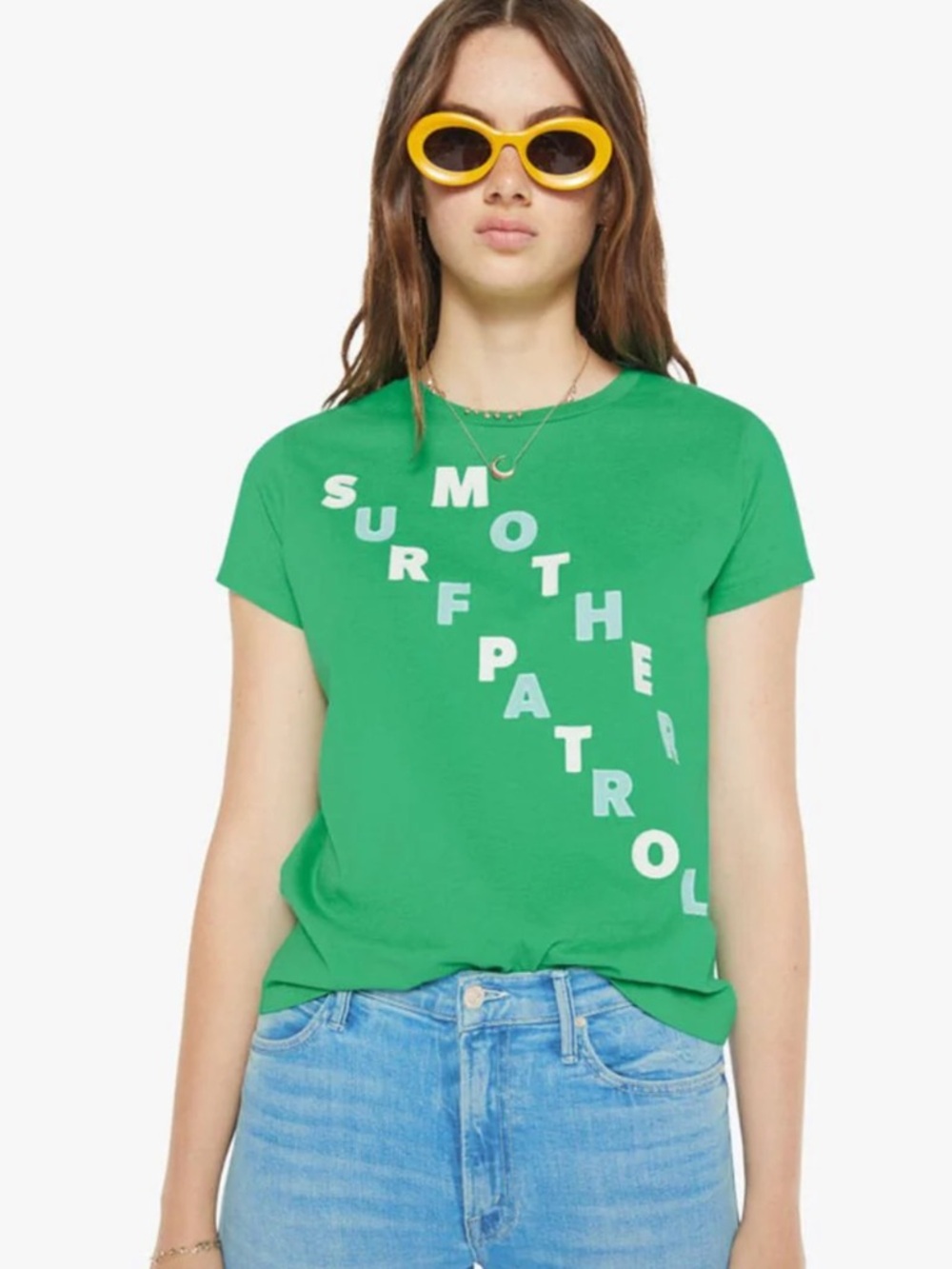 MOTHER Surf Patrol Bright Green Tee with Diagonal White Lettering | Small | New